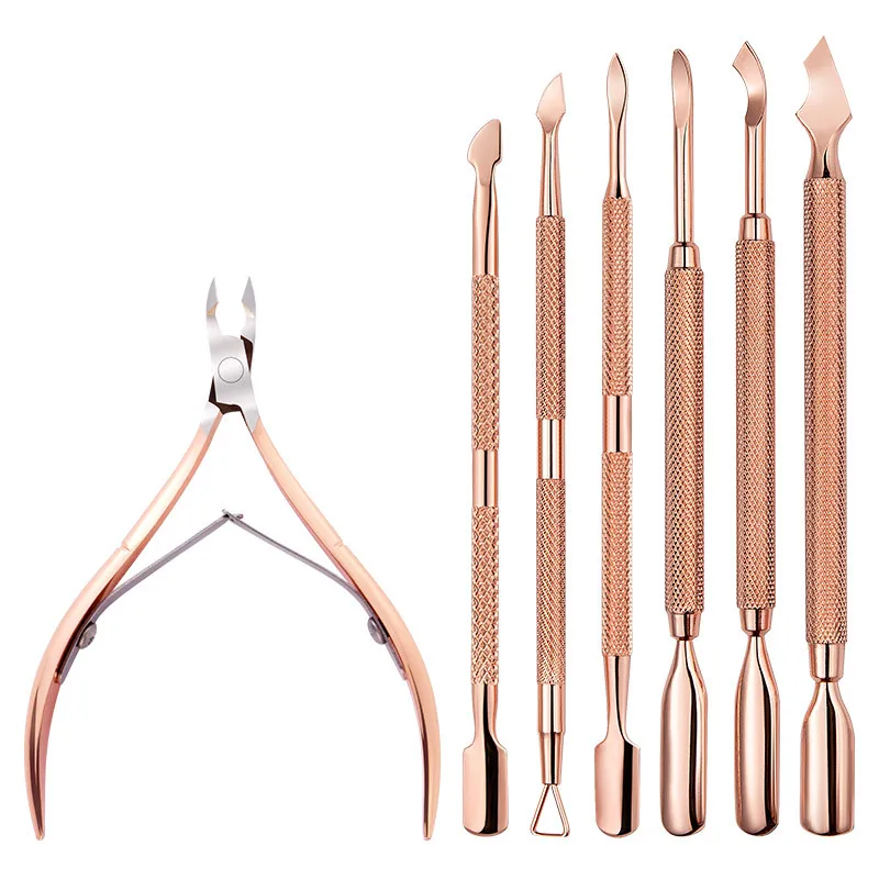 New Stainless Steel Rose Gold Double-headed Steel Pusher Dead Skin Scissors Polish Gel Remover Manicure Pedicure Nail Care Tools