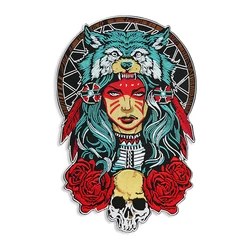 Queen of the Forest Skull Embroidery Patches 17*27CM Big Back Iron on Patch Appliques Rose and Wolf MC Bikers Jackets Vests