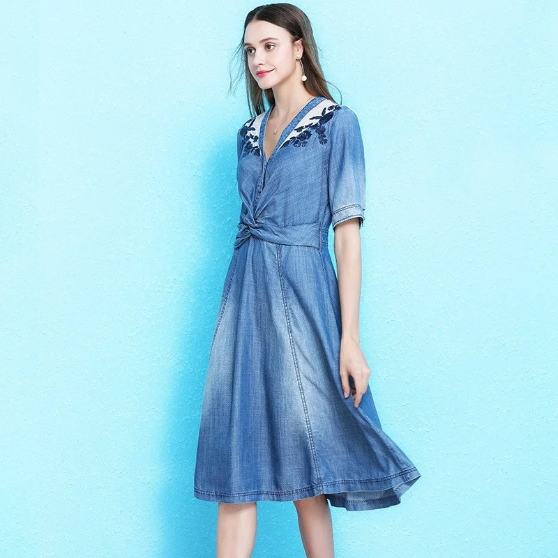 

England Summer Style Mesh Embroidery Womens Slim Denim Dresses High Waist V-Neck Short Sleeve Knee Length Female A-Line Dresses