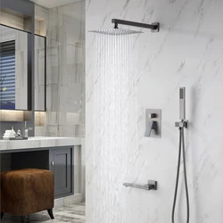 Brass Wall Embed Mount Grey Color 1/2/3 Function Concealed Shower System 10 Inch Top Rain Spray Hand Shower Head Bathroom Faucet