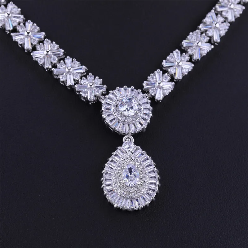 HUAMI Luxury 2pcs Bridal Jewelry Sets Wedding Banquet Silver Color Women Costume Accessories Drop Earrings and Necklace Sets