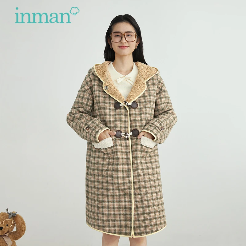 

INMAN Women's Coat Woolen Winter Coat For Women Casual Plaid Ox Horn Buttons Lamb Wool Mid-Length Thick Jacket Women