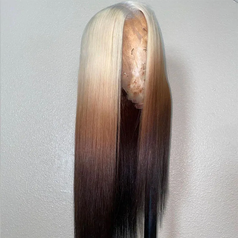 

3 Tone Ombre Colored Human Hair Wigs Brown Wig Blonde 613 Roots With Black Ends Silky Straight Transparent Lace Remy Pre Plucked