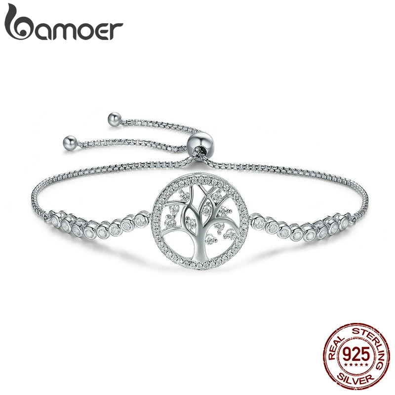 BAMOER 925 Sterling Silver Tree of Life CZ Tennis Bracelet Women Adjustable Bolo Bracelet Fine Jewelry SCB035