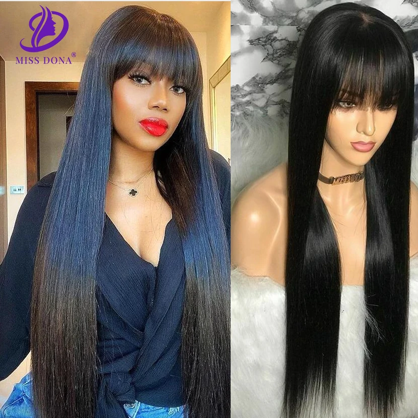 100% Human Hair Wig With Bangs Human Hair Wigs For Black Women Brazilian Straight Black 38 40 Inch Long Fringe Wig 200 Density