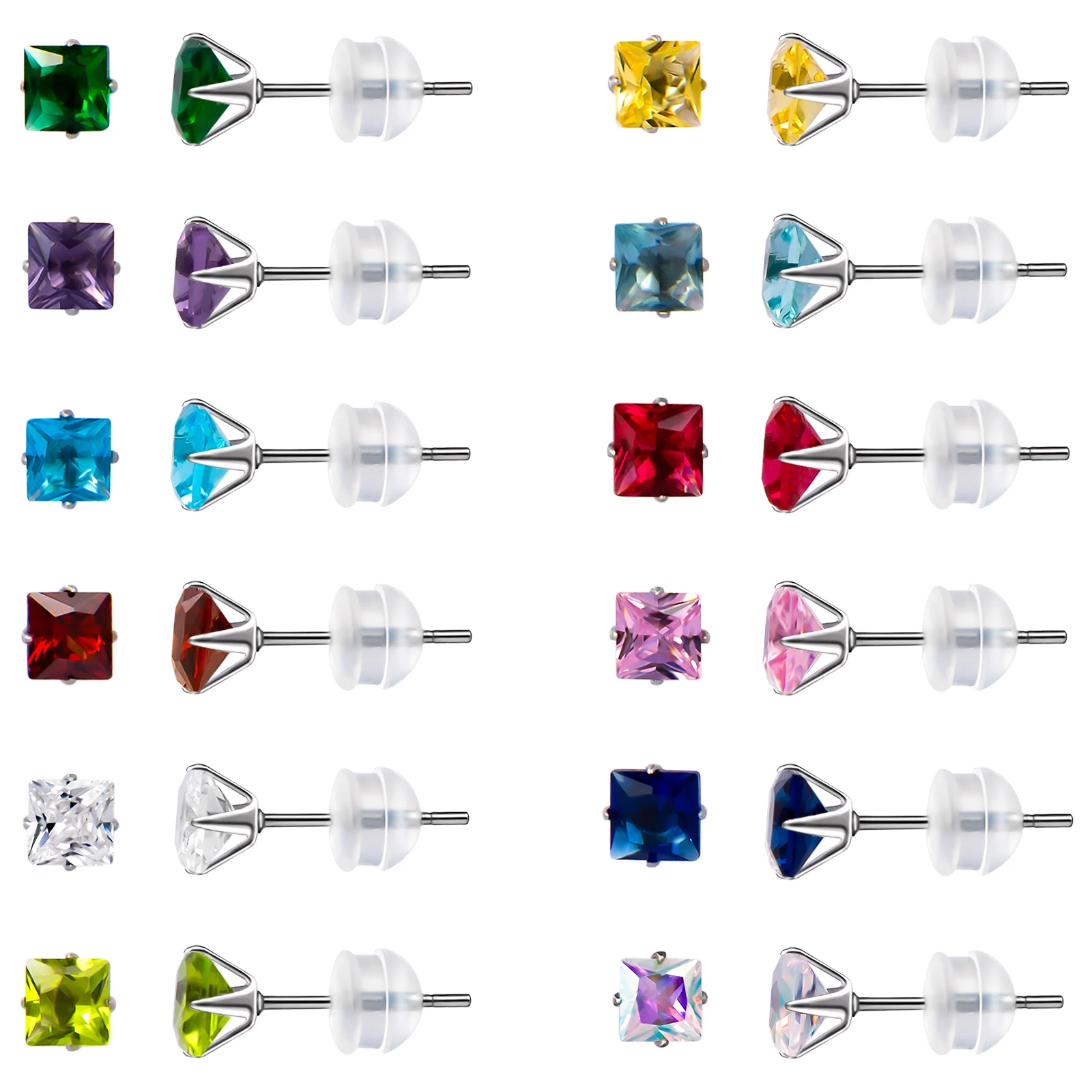 12 Pairs Surgical Stainless Steel Square Stud Earrings,Birthstone Cubic Zirconia Earring Sets for Women Girls with Size 3 4 5mm