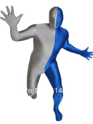 Traje zentai de corpo inteiro dividido cinza e azul