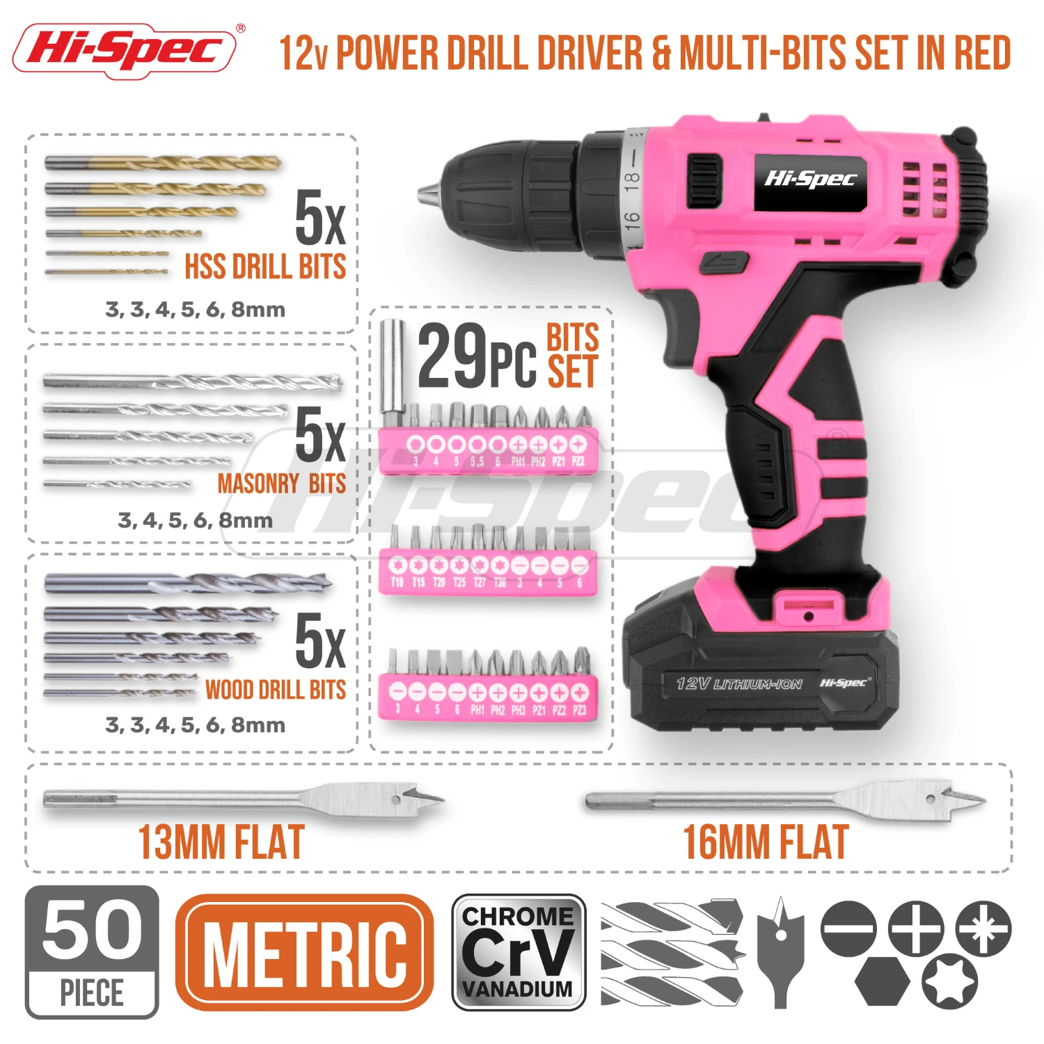 Hi-Spec 50pc 12V 1300mAh Li-ion Cordless Screwdriver Drill Driver Electric Screwdriver Pink DIY Power Tools for Gril Lady Women