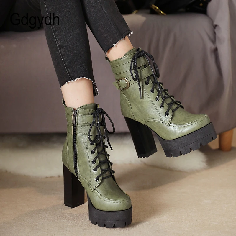 Gdgydh 2022 Russian Hot Sales Women Shoes Thick Platform High Heel Female Ankle Boots Round Toe Lace up Zipper Motorcycle Boots