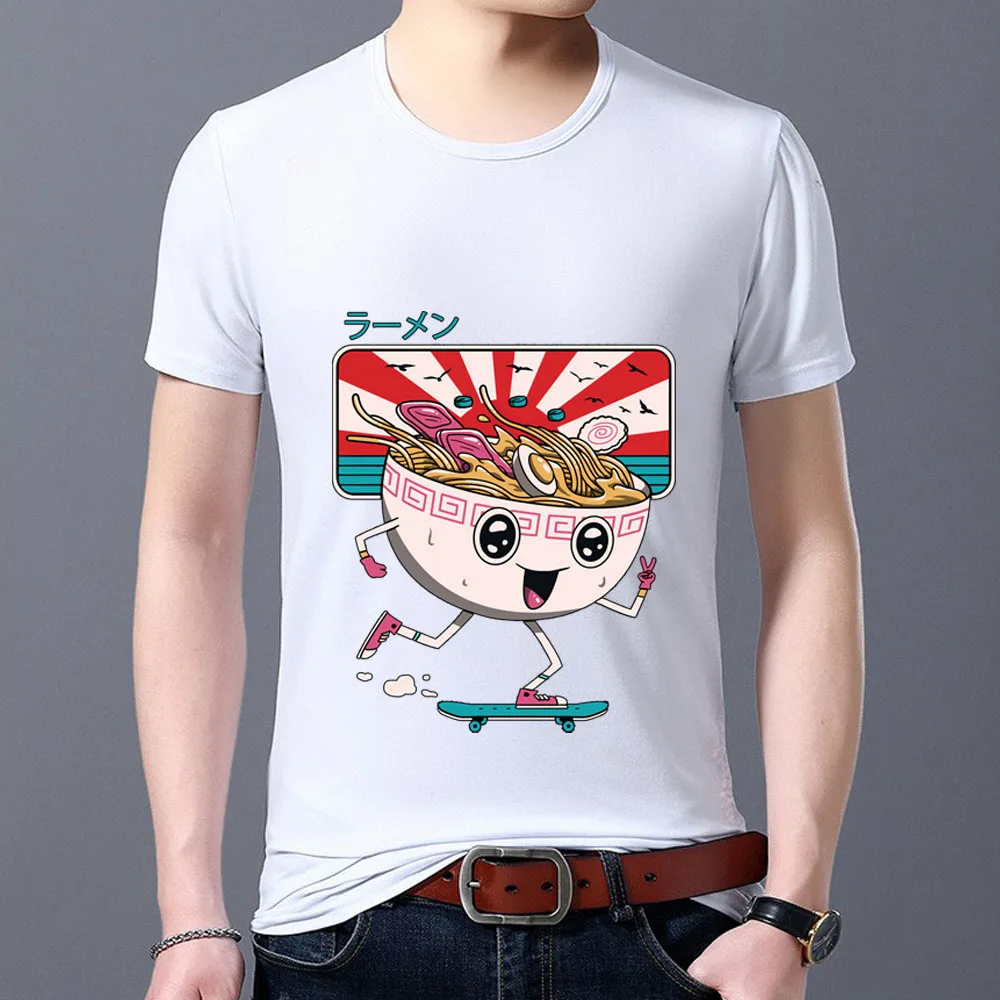 

Men Tshirt Japanese Ramen Pattern Print Office Worker Commuting All-match Male Tops White O-neck Short Sleeve Tee Man Clothes