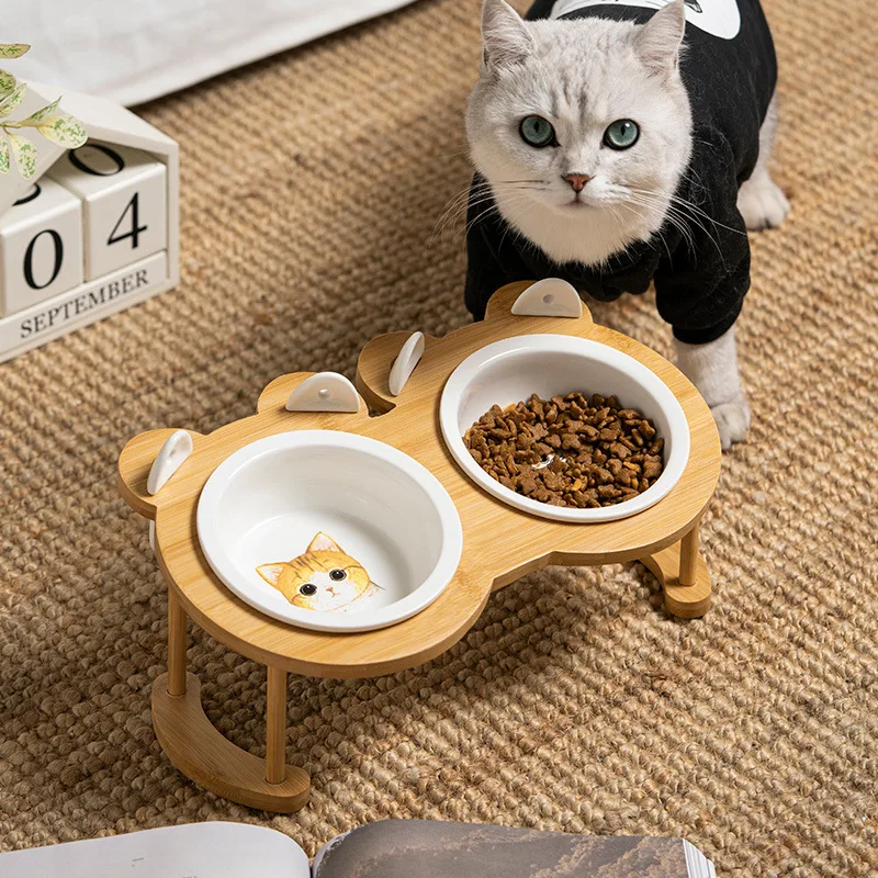 Hot Pet Cat Dog Feeder Ceramic High-end Pet Bowl Cartoon Wooden Stand Water Feeder Dog Accessories Durable multiple color option