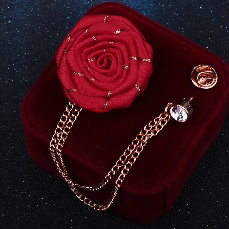 Korean Style Handmade Rose Flower Brooch Pin for Men Wedding Groomsmen Tassel Chain Lapel Accessory Cloth Art Suit Badge