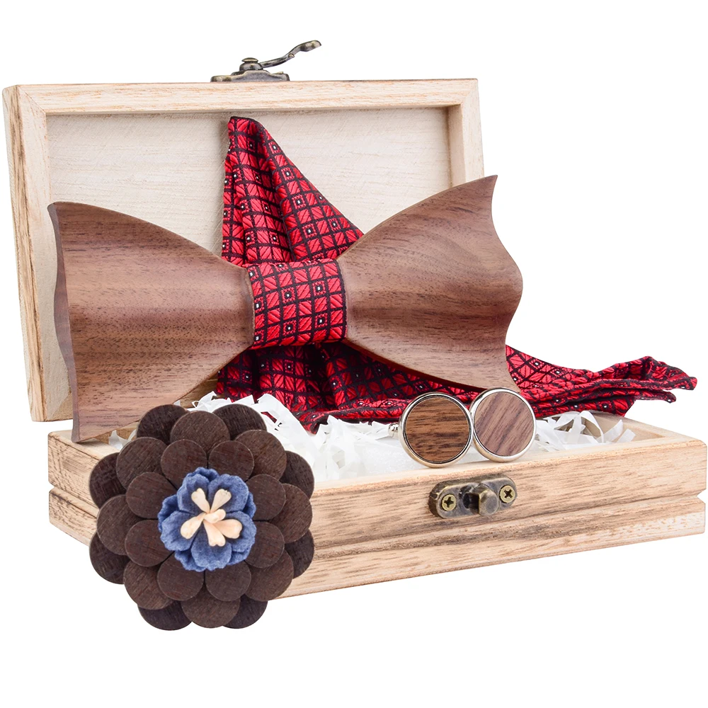 Red Plaid Wooden Bow Tie Handkerchief Brooch Cufflink Set Fashion 3D Wood Box Bowtie Pocket Square For Men Wedding Party Gifts