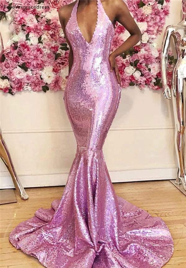 Pink Sequined Prom Dresses Blingbling Sexy Halter Deep V Neck Mermaid Evening Gowns For Junior Sweet Graduation Party Wear