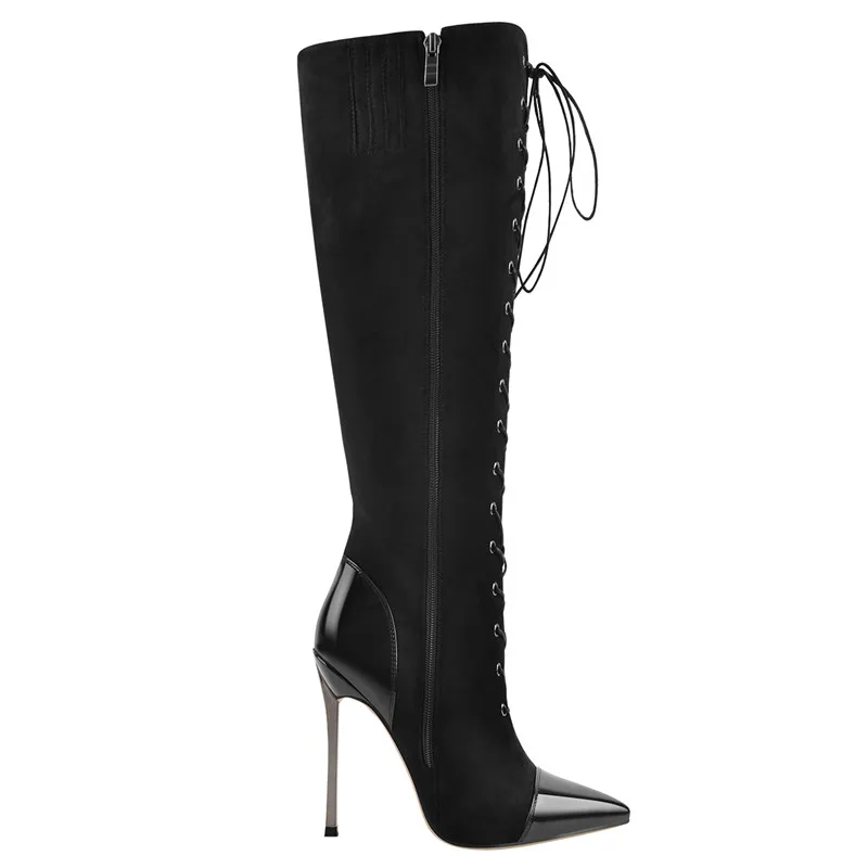 Onlymaker Women Pointed Toe Metal Heel Sexy Black Over The Knee Lace-Up Flock Stiletto High Side Zipper Winter Boots