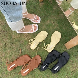 SUOJIALUN 2021 Summer Women Sandal Shoes Low Round Heel Narrow Band Gladiator Casual Sandal Ladies Casual Outdoor Beach Slides