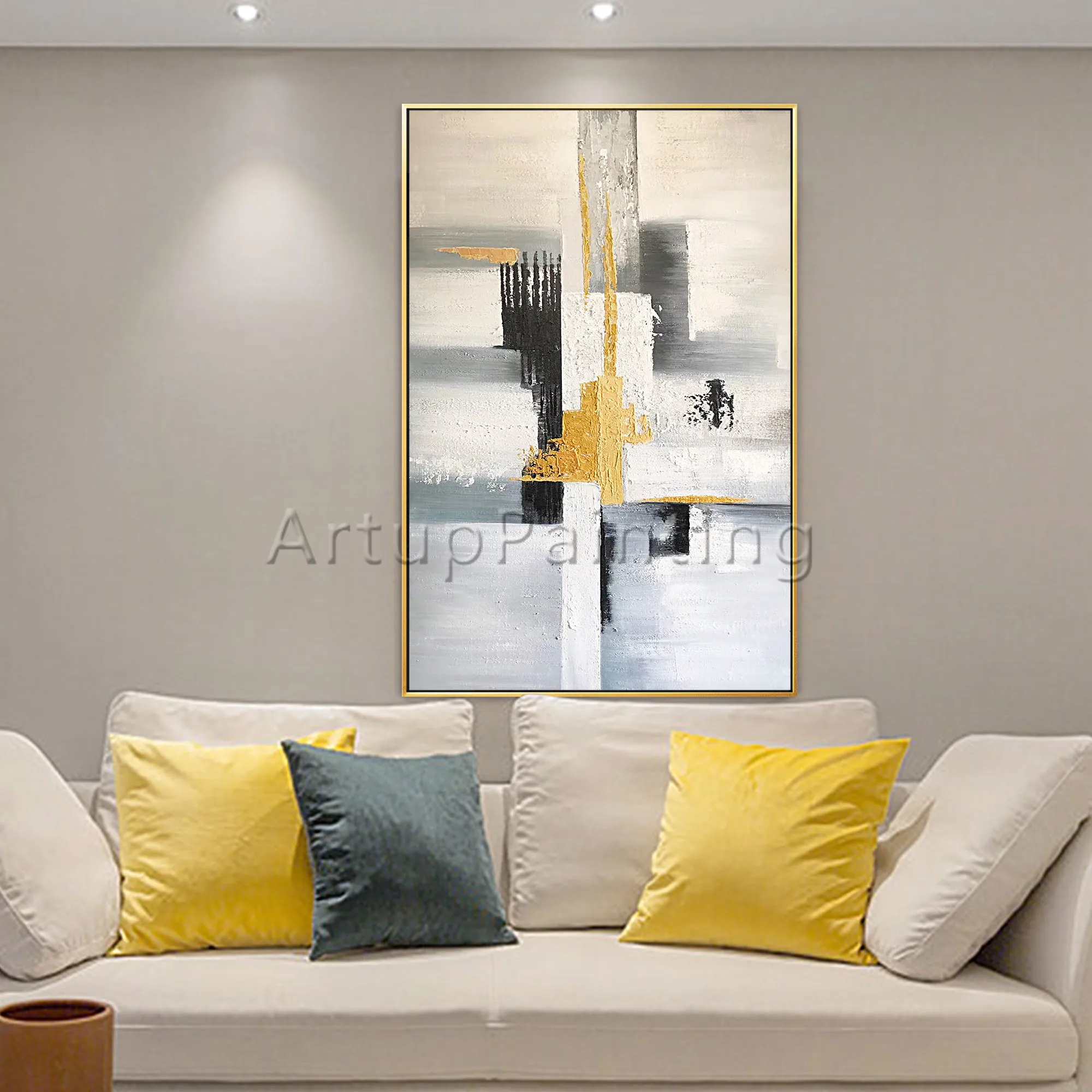 

Modern Abstract Hand Painted oil Painting on Canvas black grey white gold wall Art Picture for living room Home Decoration