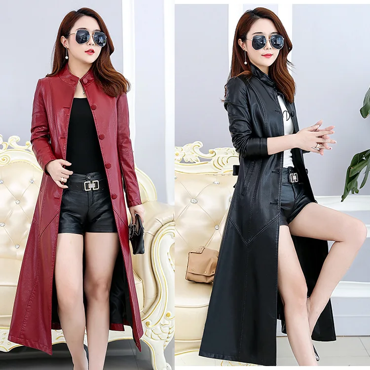 

Leather Sheep Jacket Faux Long Coat Women Fall Red Leather Jackets and Coats Women's Windbreaker Jaqueta De Couro KJ591 s s 's