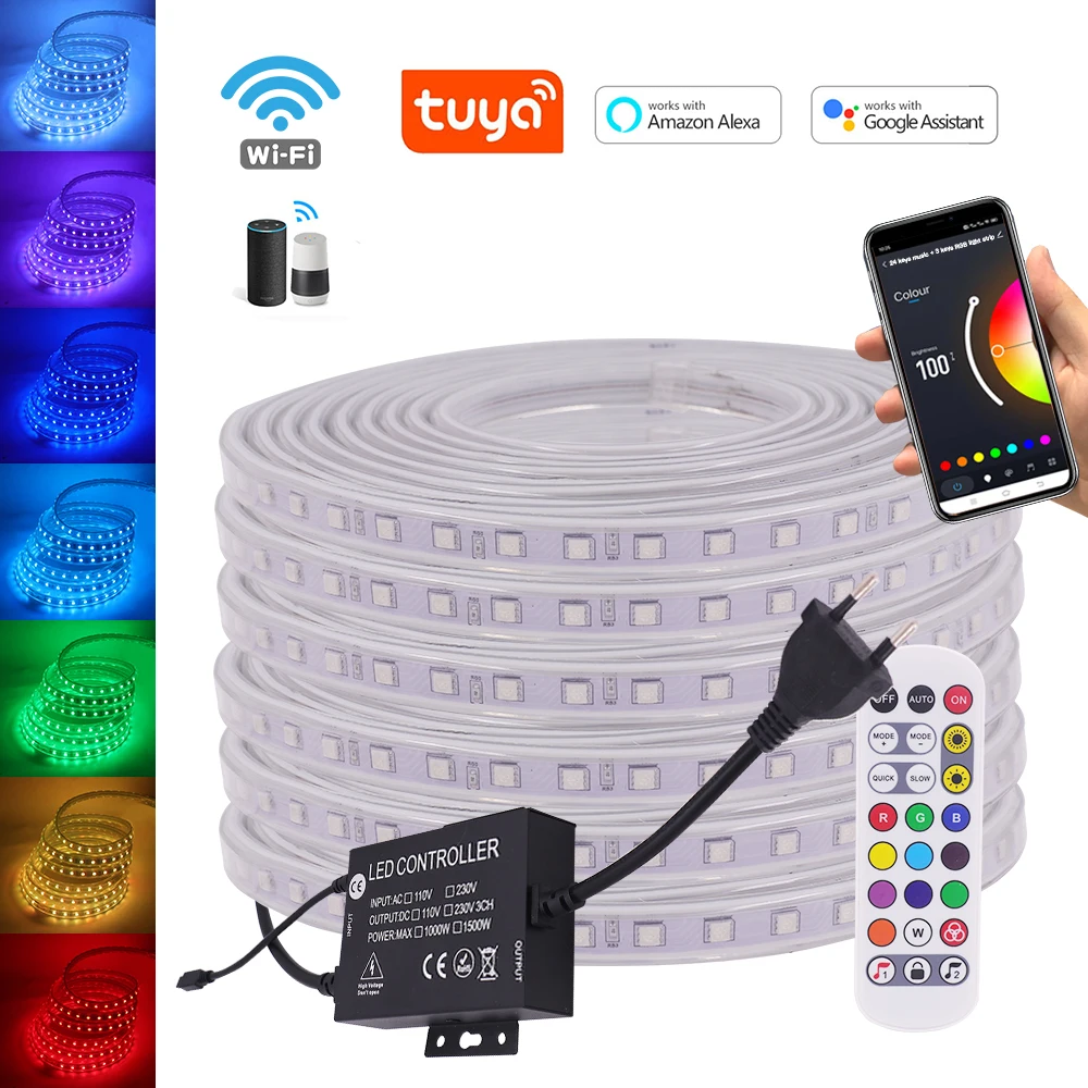 

RGB LED Strip With WIFI Control 220V 110V 5050 LED Tape Diode IP67 Waterproof Ribbon 60Leds/m LED Lights EU US UK AU Kit