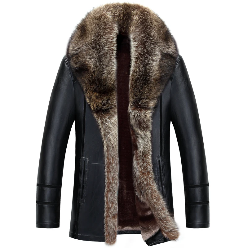 Russian Winter Raccoon Dog Fur Collar Leather Jacket Men New Thicken Windbreaker Coat Fashion Flocking Faux Leather Jacket Male