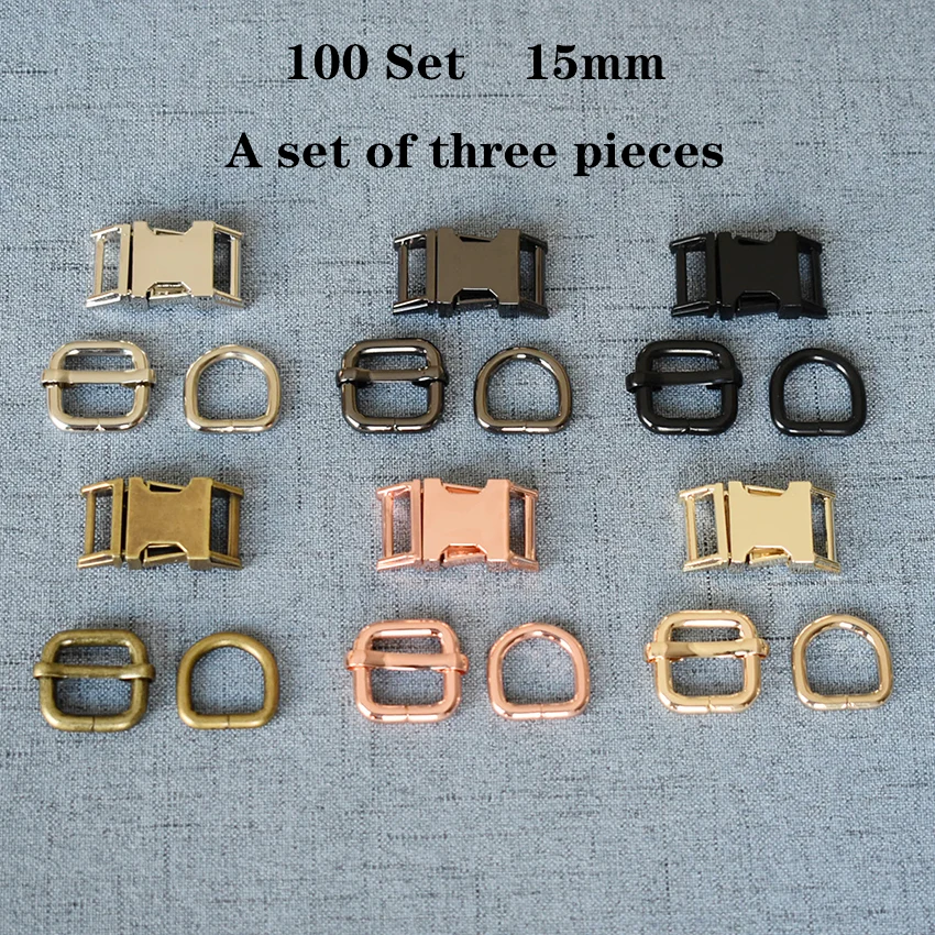 

100 Set (A) 15mm Metal D Ring+Adjustable+Release Buckle DIY Dog Collar and Leash Accessories 3JT15mm7826L