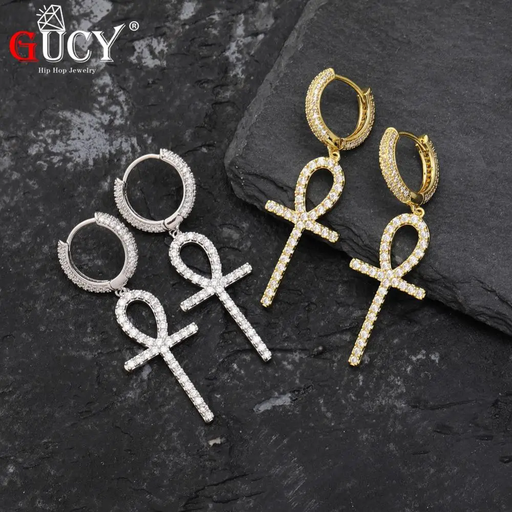 GUCY Solid Back Ankh Cross Pendant Earrings Micro Shop AAAA+ Cubic Zirconia Men & Women Hip-Hop Gem Jewelry Gift