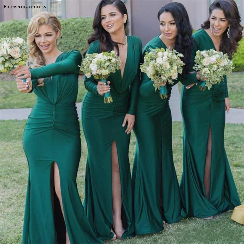 

Hunter Green Deep V Neck Long Formal Bridesmaid Dress Cheap Split Long Sleeves Maid of Honor Gown Plus Size Custom Made