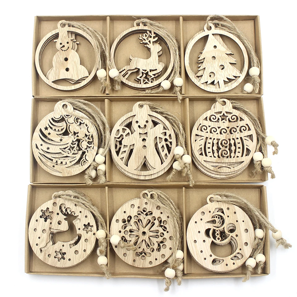 12PCS/Box Vintage Hollow Christmas Wooden Pendants  Xmas Tree Ornament DIY Wood Crafts Kids Gift for Home Xmas Party Decorations