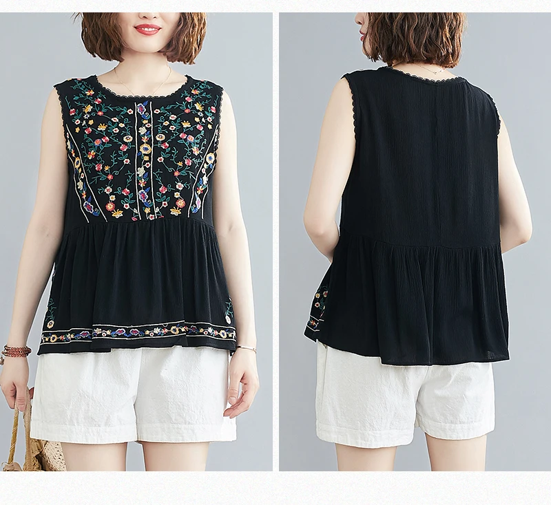 2021 Summer Vintage Floral Embroidery Cotton Blouse Women Tops Sleeveless Ruffle See Through Black Blouses Shirt Vetement Femme