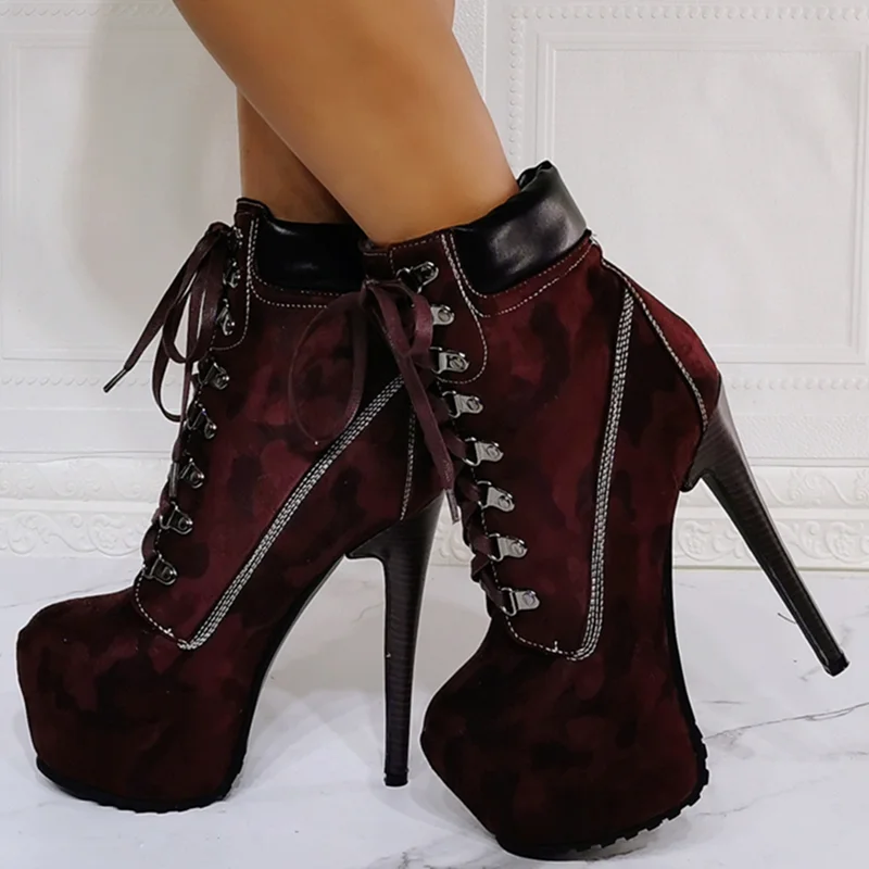 

New Winter Mature Wine Red Sexy Boots Thin High Heel Short Lace Ankle Boots Platform Shoes Anti-slip Big Size 47