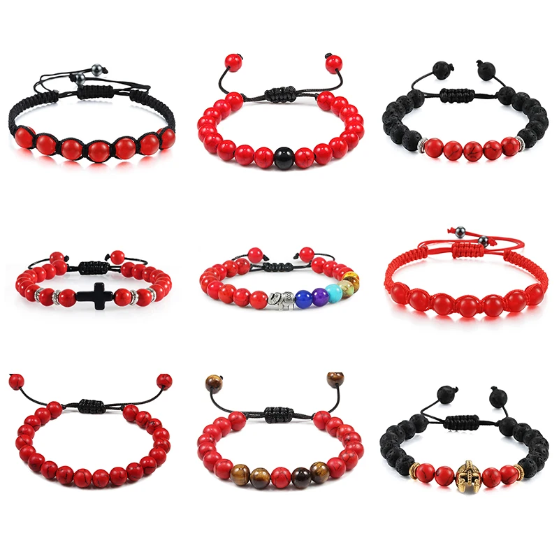 Natural Red Stone Bracelet Gladiator Helmet Cross Elephant Beads Adjustable Bracelets For Women Men Yoga Jewelry Friends Gift