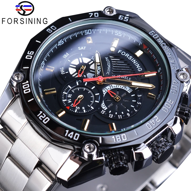 

Forsining Sport Style Men's Mechanical Watches Black Automatic 3 Sub Dial Date Stainless Steel Belts Outdoor Military Wristwatch