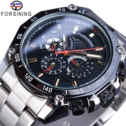 Forsining Sport Style Men's Mechanical Watches Black Automatic 3 Sub Dial Date Stainless Steel Belts Outdoor Military Wristwatch