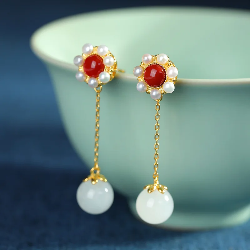 S925 sterling silver natural South Red and Tianyu beads long temperament ladies earrings