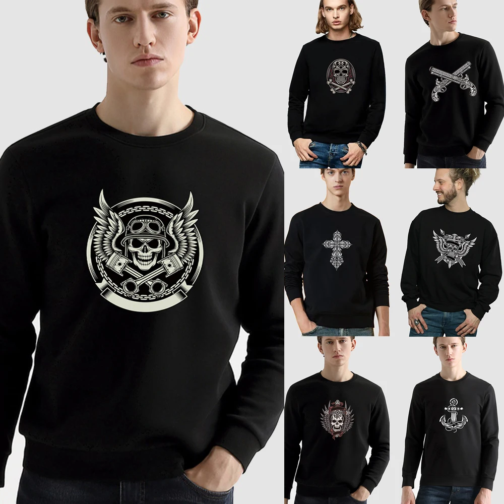 

Street Pullover Men's Clothing Casual Long-sleeved Sweatshirt Gothic Skull Print Pattern Black Commuter Polyester O-neck Hoodie