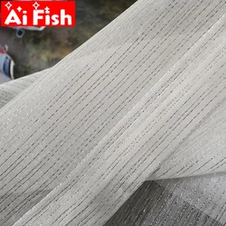 Pure White Window Screen Sheer Fabric Simple Modern Shiny Silver Wire Stripe Tulle  Curtain for Living Room Bedroom M135-50
