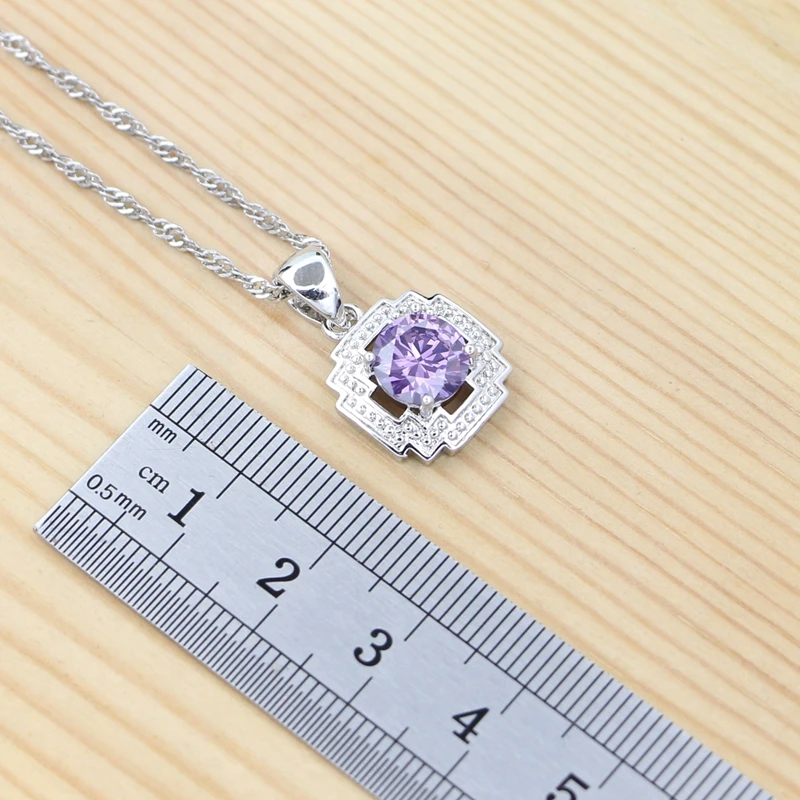 925 Sterling Silver Jewelry Set Round Amethyst Earrings Adjustable Ring Pendant Necklace Bracelet for Women