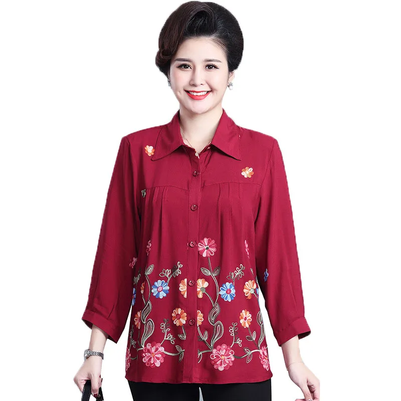 

Middle-aged Elderly Women Shirts 2022 New Fashion Spring Autumn Casual Shirt Tops Female Long Sleeve embroidered Blouse Shirts
