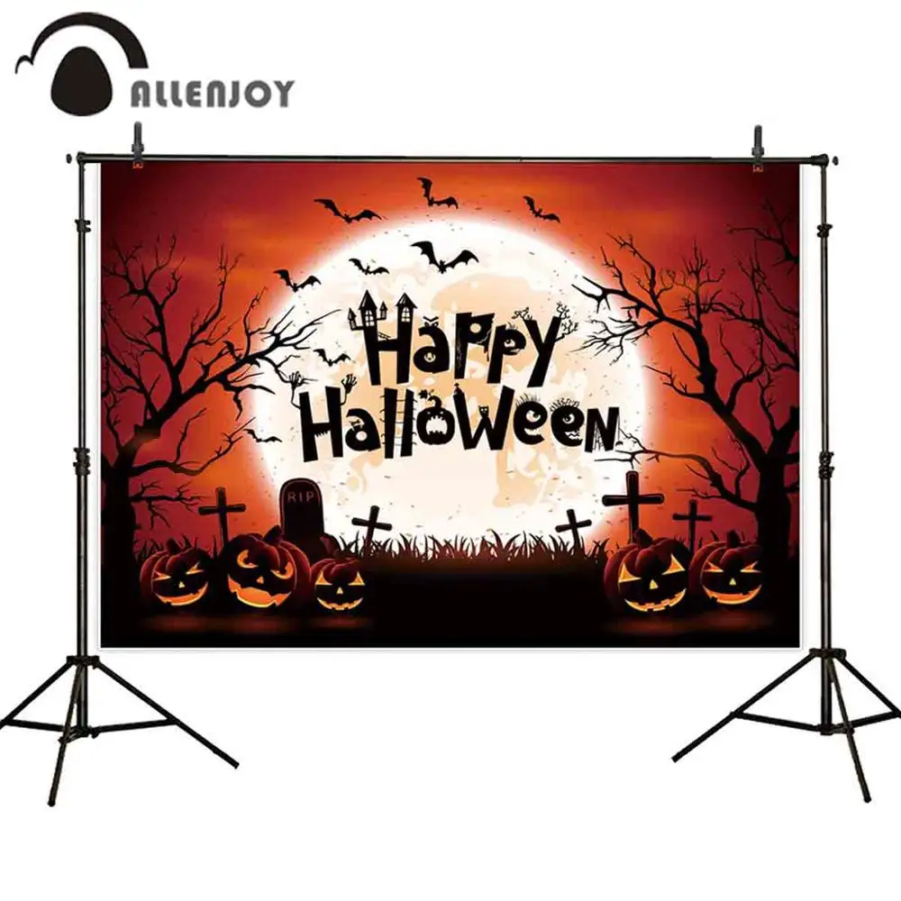 

Allenjoy Photography Backdrop Cartoon Halloween Party Horror Night Big Moon Pumpkins Bat Tomb Children Background Photobooth