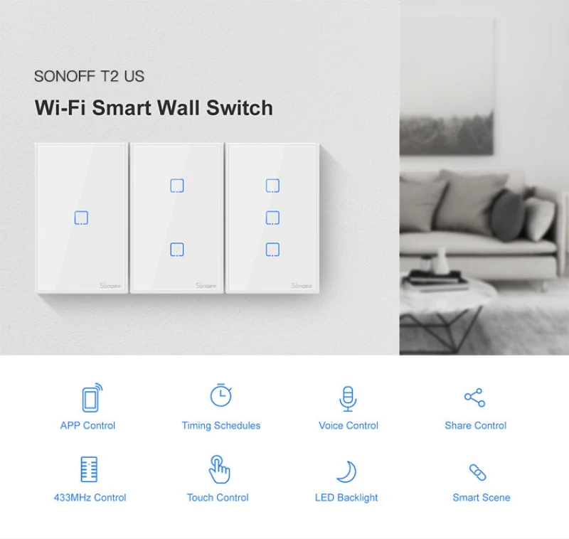 Sonoff T2 T3 TX Series WiFi Wall Switches US Version 433MHZ Work With Alexa Smartthings Yandex Alice Google Home Assistant Ifttt