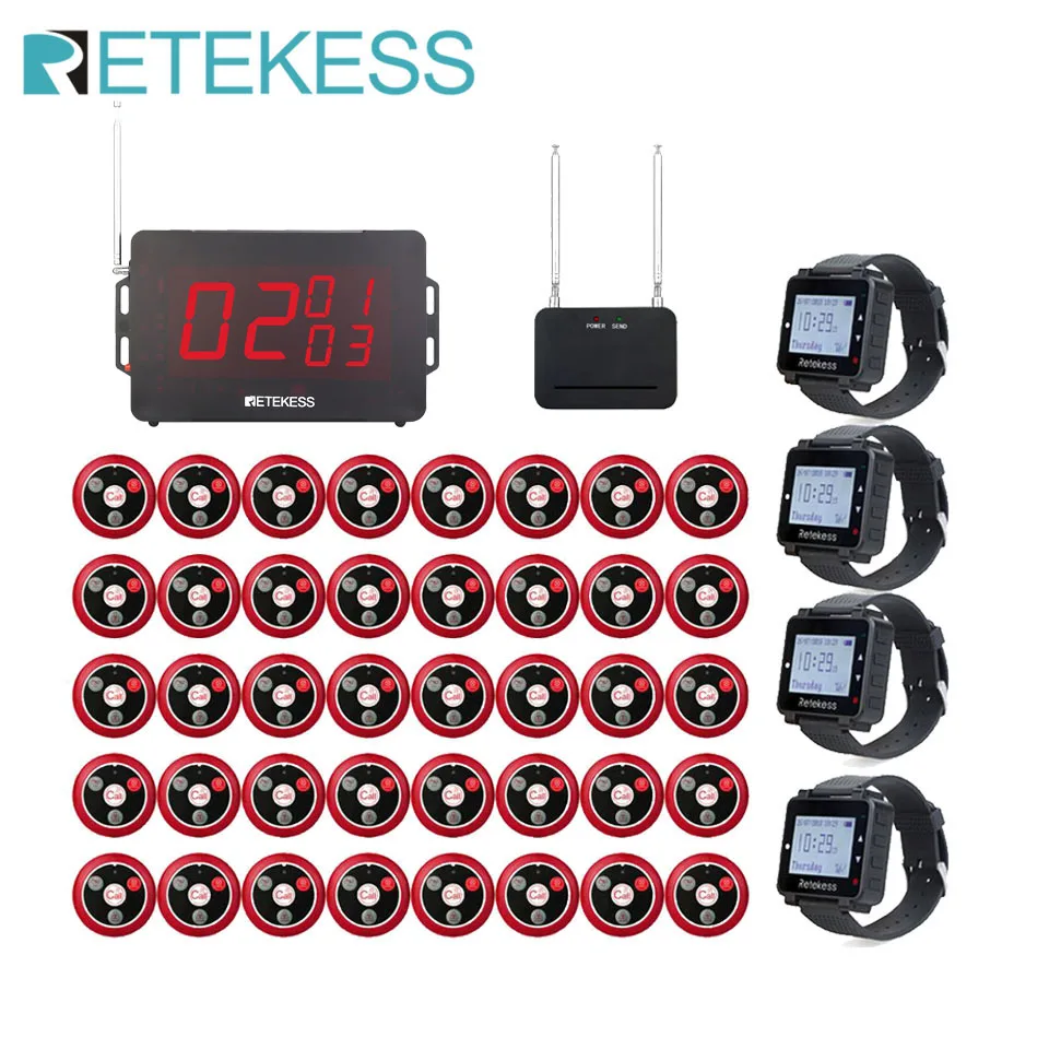 Retekess Wireless Pager Restaurant Calling System Receiver Host + 4 Watch Receiver + Signal Amplifier + 40 Call Buttons Hookah