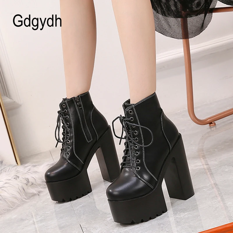 Gdgydh Block Heel Motorcycle Boots Woman High Heels Lace Up Platform Women\'s Ankle Boots  with Zipper White Wedding Shoes