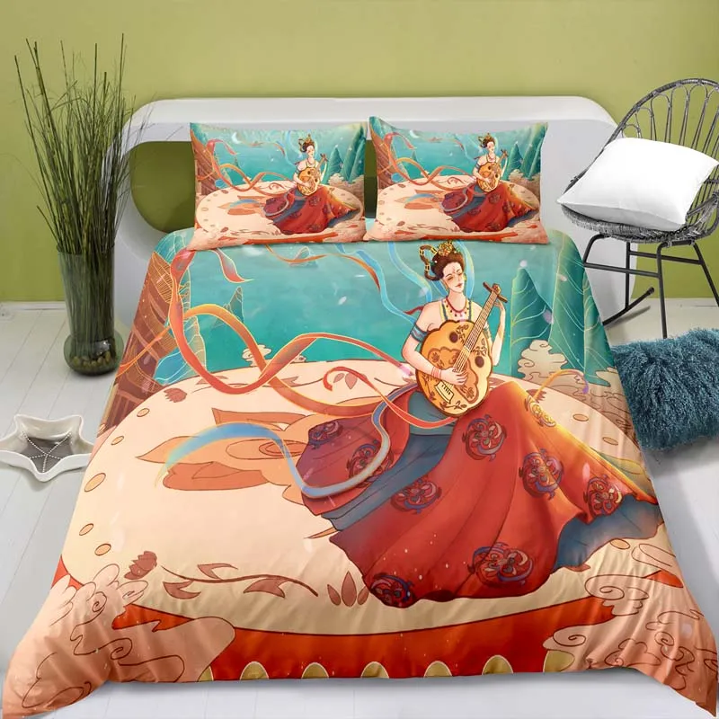 100% Polyester Dunhuang Illustration Style Digital Printing Cover Set with Pillowcase Bed Sets for Girl Comforter Bedding Sets