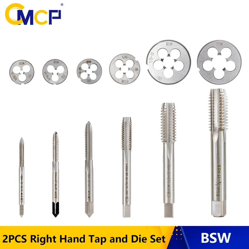 CMCP 2pcs BSW 5/32-32 3/16-24 1/4-20 5/16-18 1/2-12 5/8-11 Right Hand Tap And Die Set For Metal/Wood HSS Screw Tap Round Die