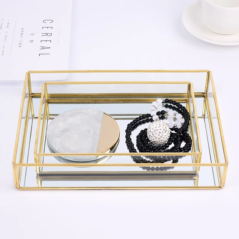 Nordic Retro Storage Tray Gold Rectangle Glass Makeup Organizer Tray Dessert Plate Jewelry Display Home Kitchen Decor