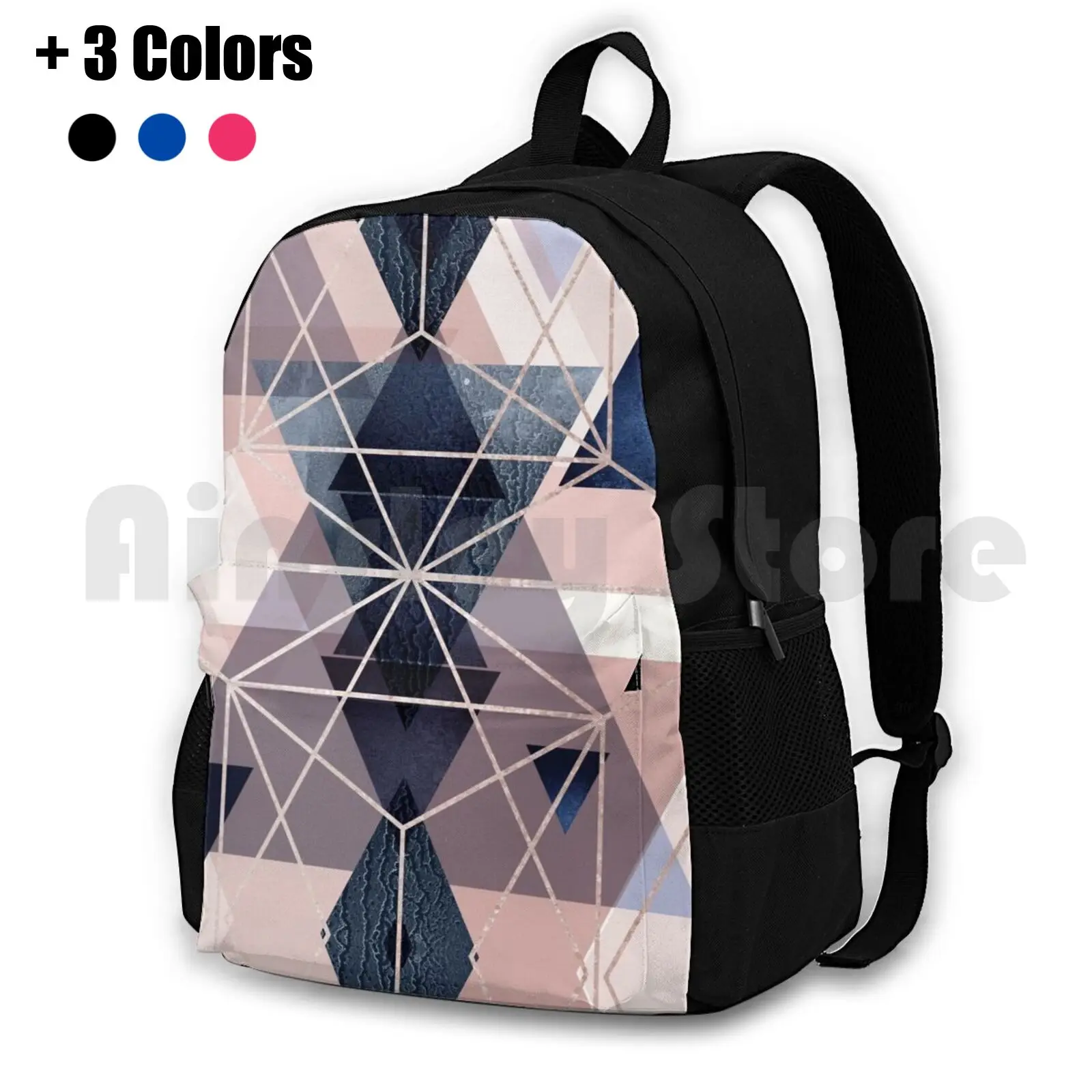 Blush Navy Geometric Outdoor Hiking Backpack Waterproof Camping Travel Pink Pink Pink Navy Blue Geometric Pretty Pastel Pink