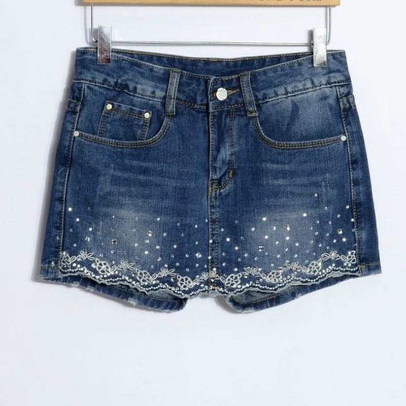 Sommer Frauen Denim Shorts Röcke Stickerei Diamant Koreanische Plus Größe Damen Jeans Shorts Weibliche Casual Mode Blau Streetwear