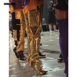 Women Fashion Over knee Boots Gold Blingbling Patent Leather Boots Thigh High Long Boots Women Pointed Toe High Heels 2021