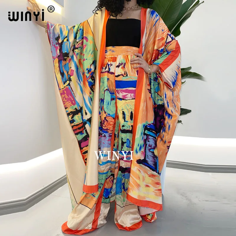 WINYI  two-piece suit Boho Printed Over Size kimono Batwing Sleeve sukienka Women Elastic Silk Floor Length New Fashion Tide