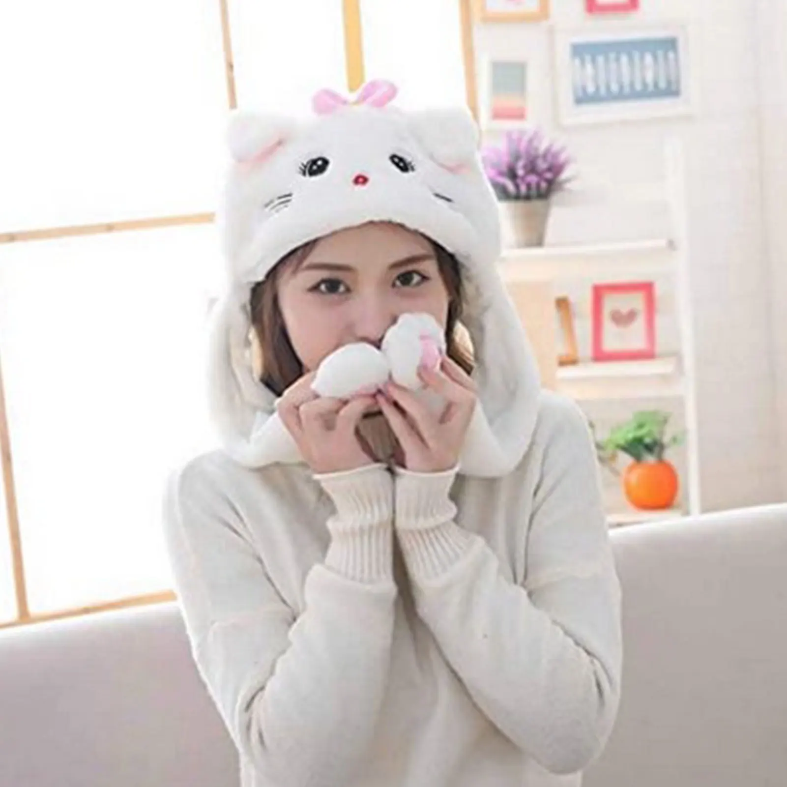 Cat Ear Hat That Can Move Cute Warm Plush Bunny Hat That Moves When You Pinch Your Ears